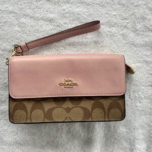 Coach Leather Wristlet Monogram Tan Pink And Brown